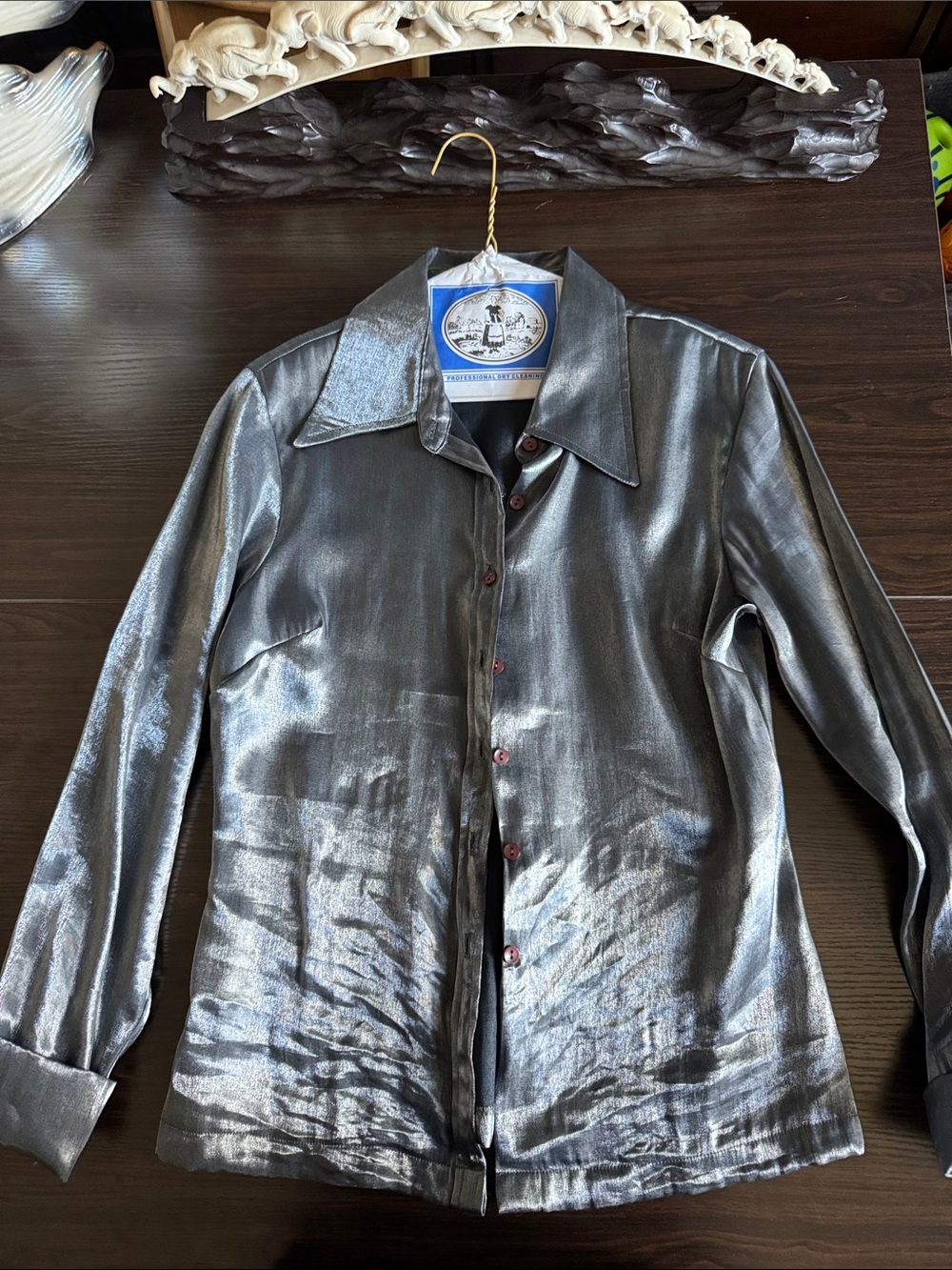 Womens Metallic Silver Button-Up Shirt